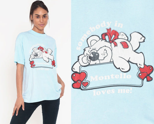 80s Wisconsin Teddy Bear Graphic T-Shirt Montello Baby Blue Extra Large