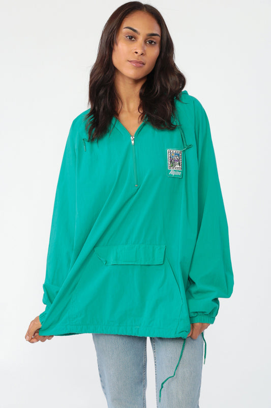 90s Alpine Mountain Hooded Windbreaker Jacket Green Cotton Pullover Large