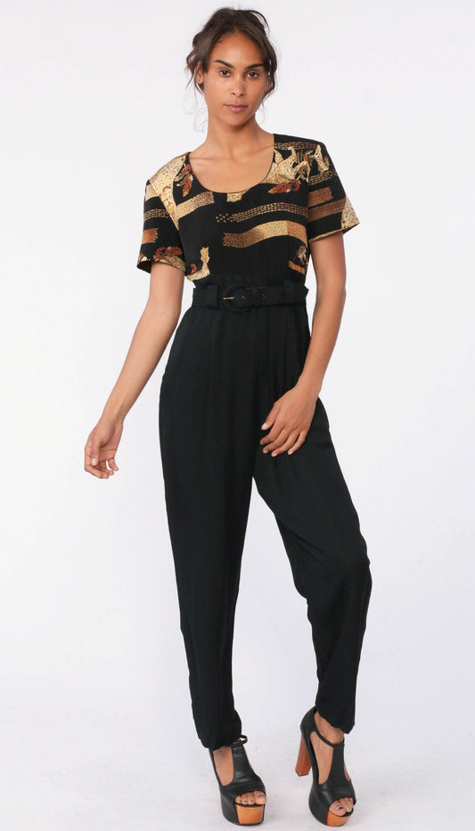 80s Animal Print Jumpsuit Black Belted High Waisted Tapered Medium 8