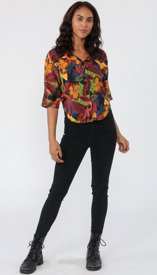 80s Tropical Floral Button-Up Blouse 3/4 Sleeve Crop Top Small Medium