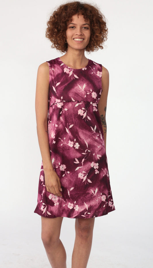 90s Floral Mini Dress Purple White Lettuce Edge Sleeveless Sheath Small