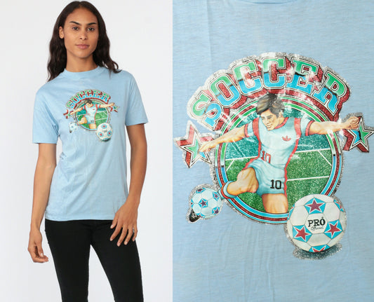 80s Soccer Iron On T-Shirt Baby Blue Graphic Tee Extra Small