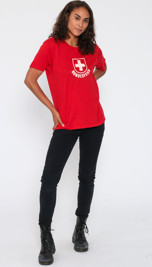 80s Swiss Bundesfeier T-Shirt Red Cotton Graphic Tee Medium