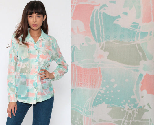 70s Dove Print Button Up Blouse Long Sleeve Patchwork Pink Green Medium