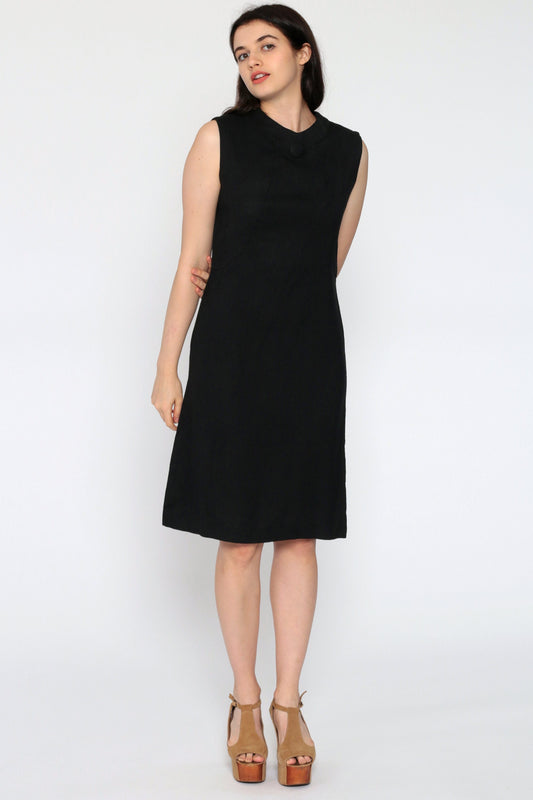 60s Black Linen Shift Dress Mini Length Sleeveless Button Neck Small