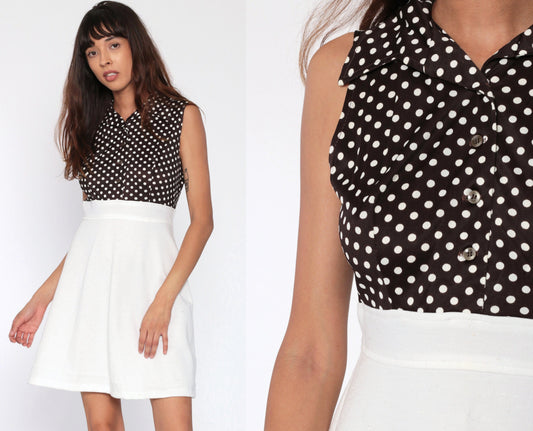 70s Brown Polka Dot Babydoll Dress Empire Waist Button Front Mini White Small