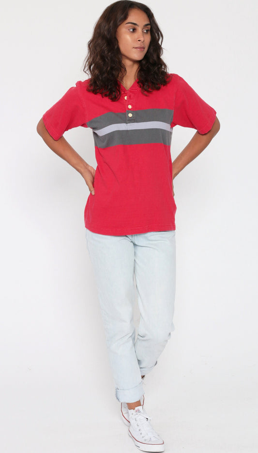 1970s Red Striped Polo Shirt Grey Color Block Half Button Cotton Small