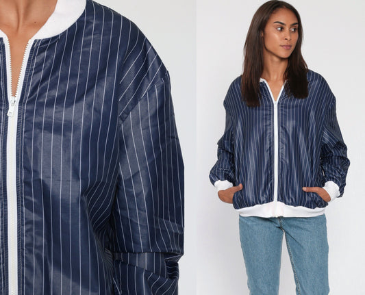 80s Pierre Cardin Striped Bomber Jacket Blue White Nylon Windbreaker Medium Large