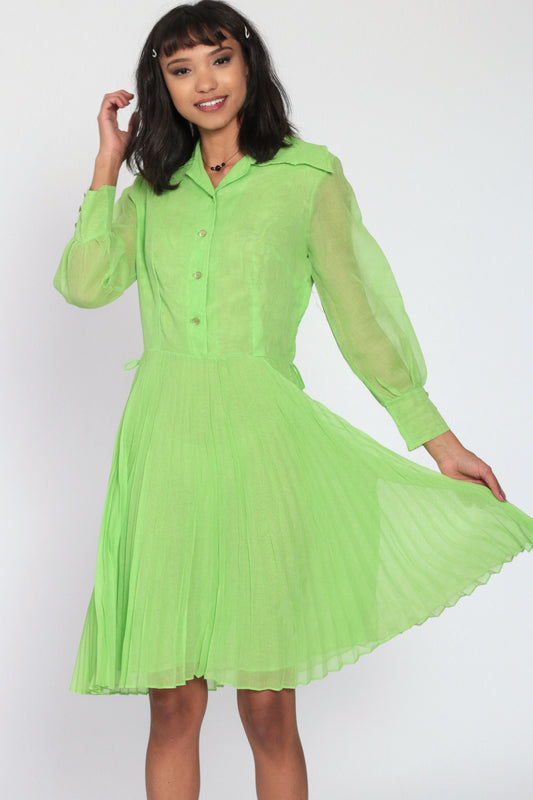 70s Green Sheer Button-Up Dress Pleated High-Waisted Long Sleeve Small