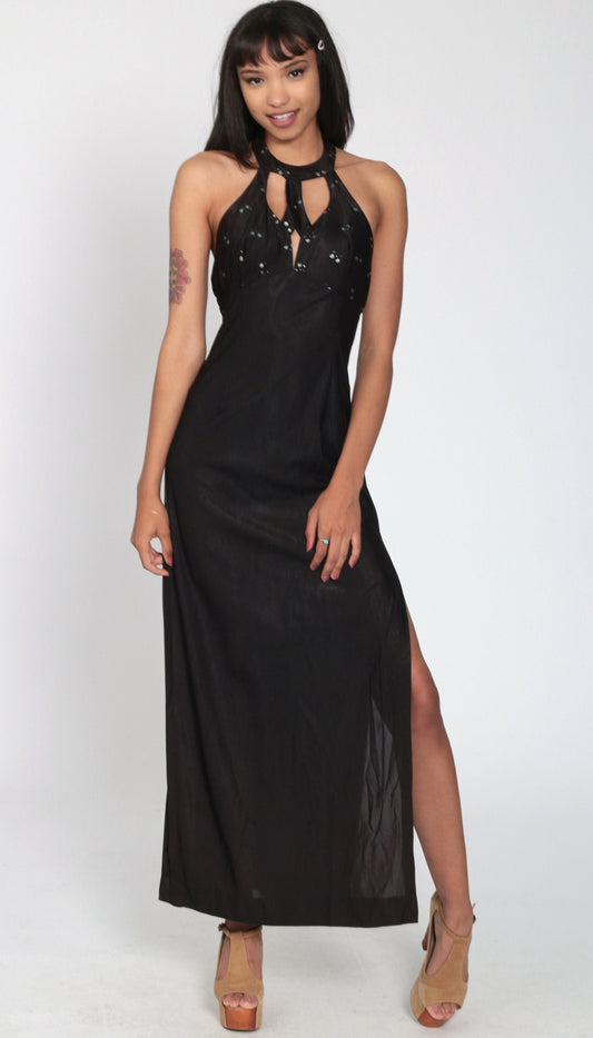 70s Frederick's of Hollywood Black Glitter Maxi Dress Halter Cutout Extra Small