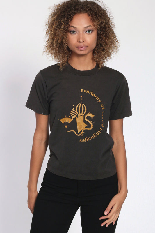 Academy of World Languages Graphic T-Shirt Black Single Stitch 90s Extra Small XS
