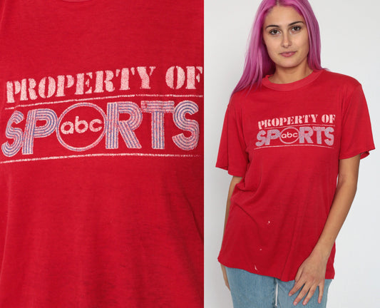 80s ABC Sports Graphic T-Shirt Red Cotton Tee Medium