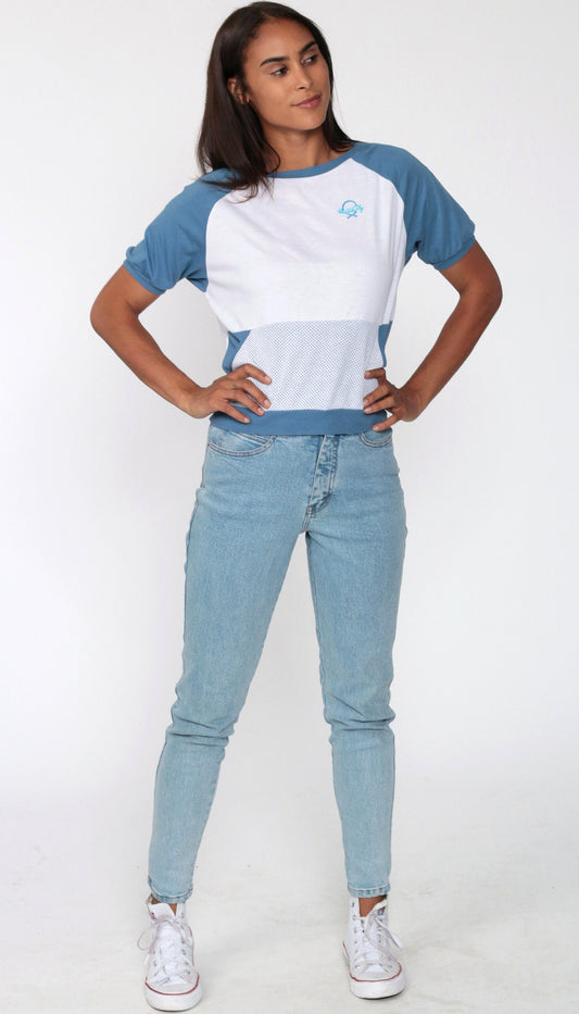 80s Mild City Raglan T-Shirt Mesh Pocket Blue White Small