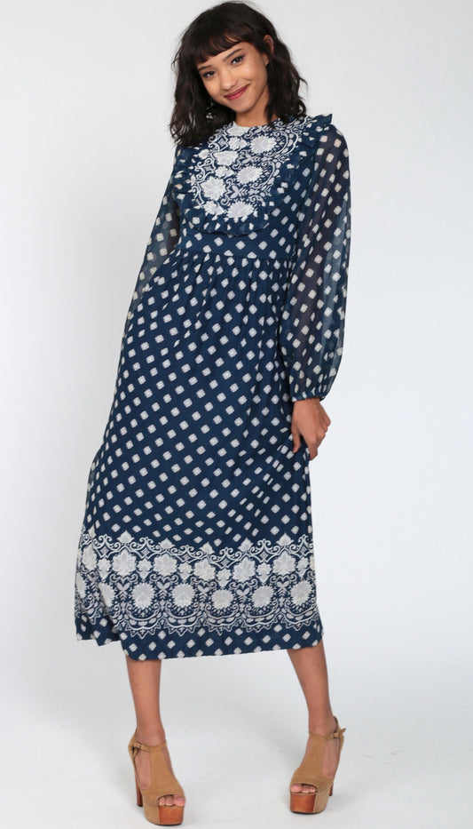 70s Navy Floral Maxi Dress Ruffled Bib High Waist Sheer Sleeves Small