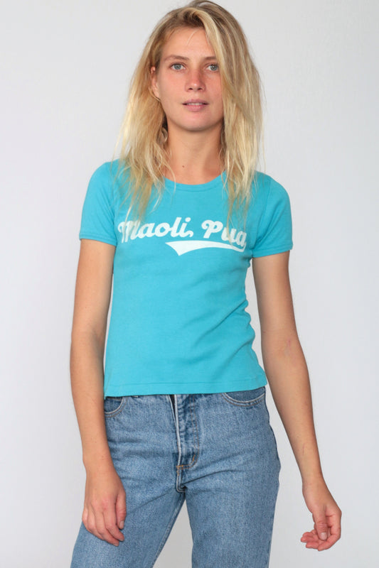 1970s Maoli Pua Hawaiian Graphic Baby Tee Blue Cap Sleeve Small