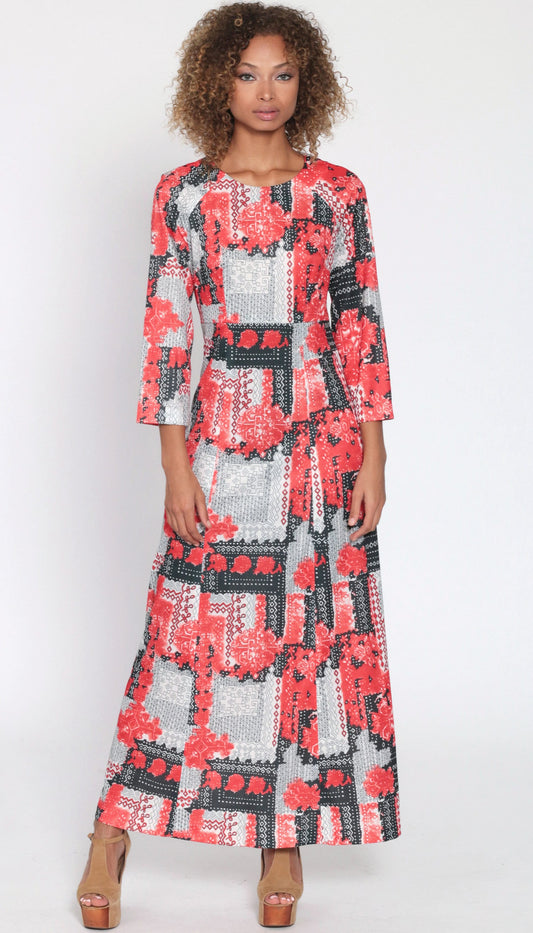 70s Abstract Geometric Maxi Dress High Waist Long Sleeve Red White Black Small