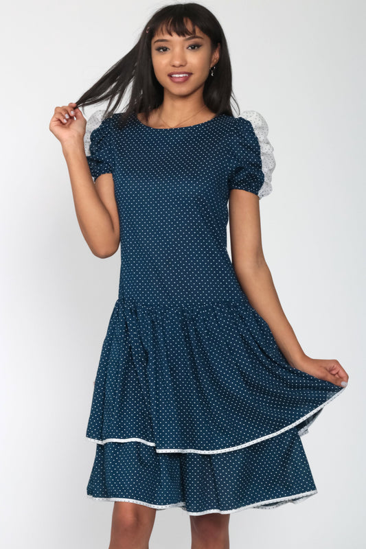 80s Blue Polka Dot Puff Sleeve Minidress Drop Waist Ruffled Small