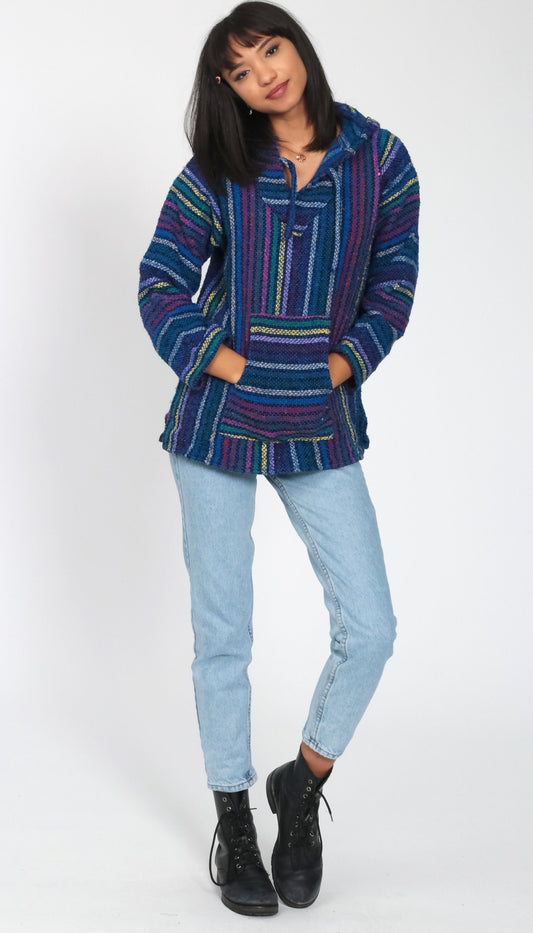 90s Neon Rainbow Mexican Drug Rug Baja Hoodie Blue Kangaroo Pocket Medium
