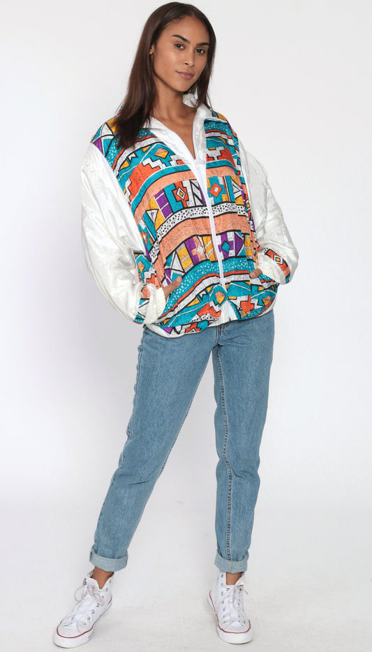 90s Tribal Geometric Windbreaker Jacket White Southwestern Nylon Medium Large