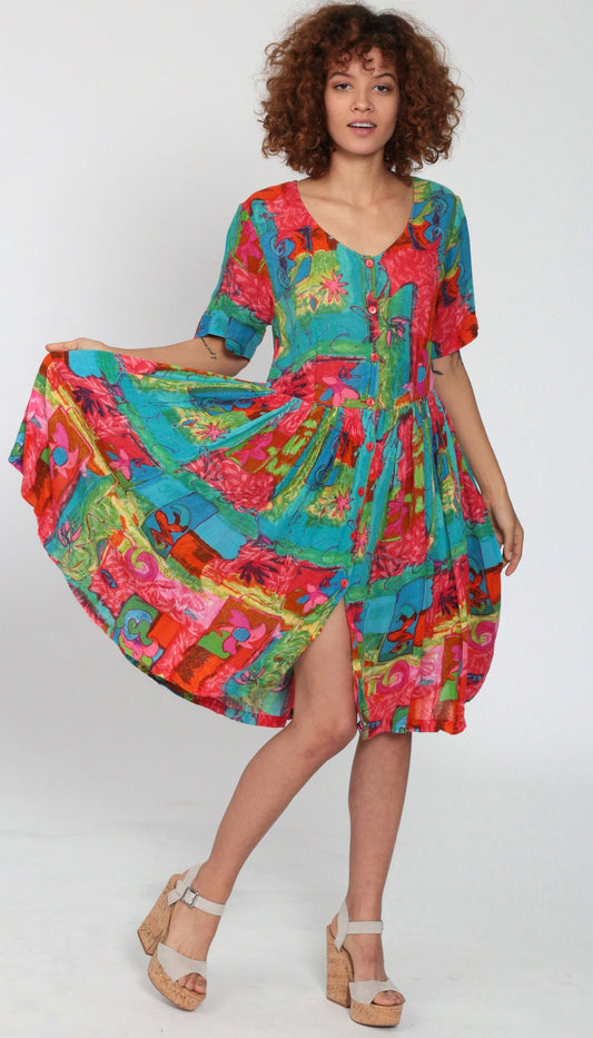 90s Phool Floral Button-Up Dress Multicolour High-Waisted Knee-Length Small