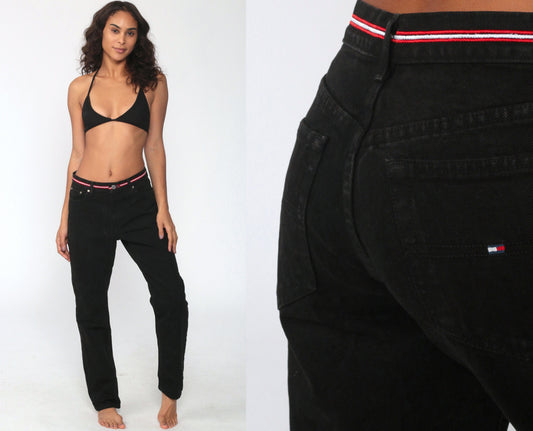 Tommy Hilfiger 90s Black Denim Mom Jeans Red Striped Waistband Size 6