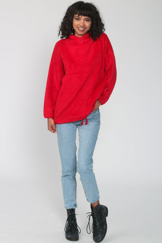 80s Red Fleece Hoodie Pullover Sweatshirt Medium