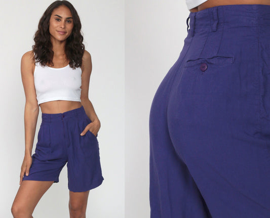 80s Purple Pleated High-Waist Shorts Rayon Baggy Extra Small