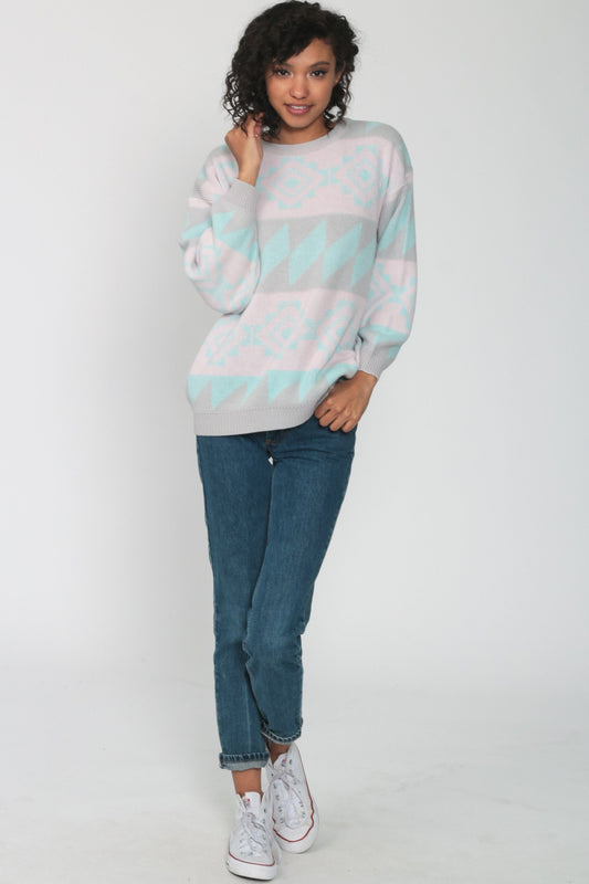 80s Southwestern Tribal Sweater Pastel Pink Geometric Knit Medium