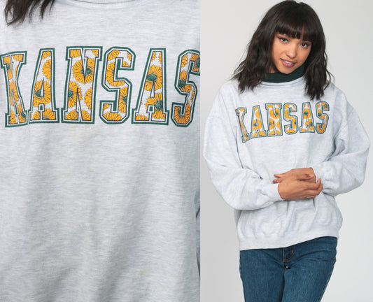 90s Kansas Sunflower Graphic Sweatshirt Grey Crewneck Large