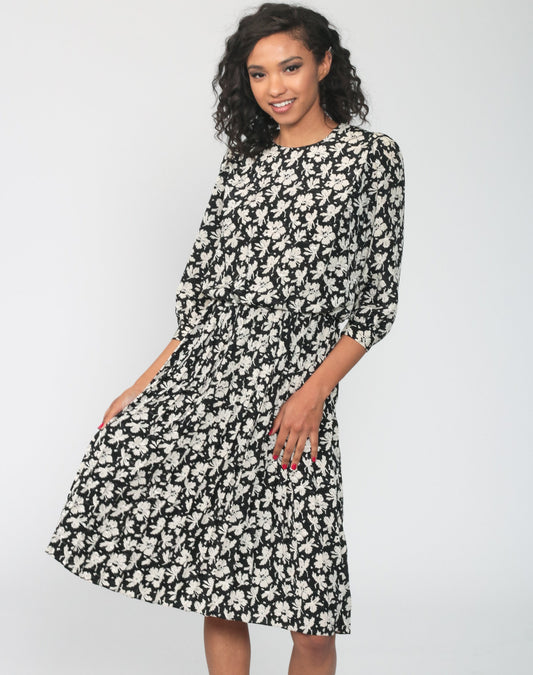 80s Black Floral Midi Dress High Waist Pleated Skirt Small 4