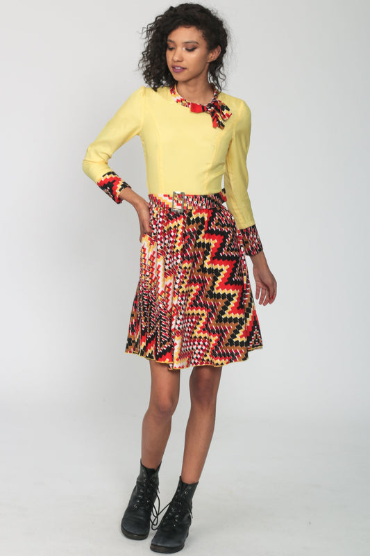 70s Geometric Mini Dress Long Sleeve High Waist Yellow Orange Extra Small
