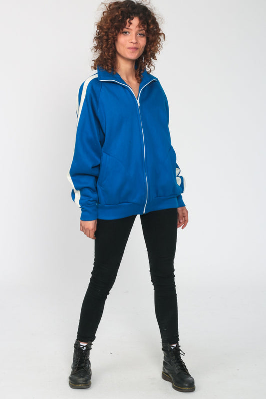 80s Royal Blue Striped Raglan Track Jacket Zip Up Small Medium