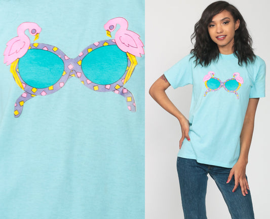 80s Flamingo Sunglasses Graphic T-Shirt Neon Aqua Single Stitch Extra Small