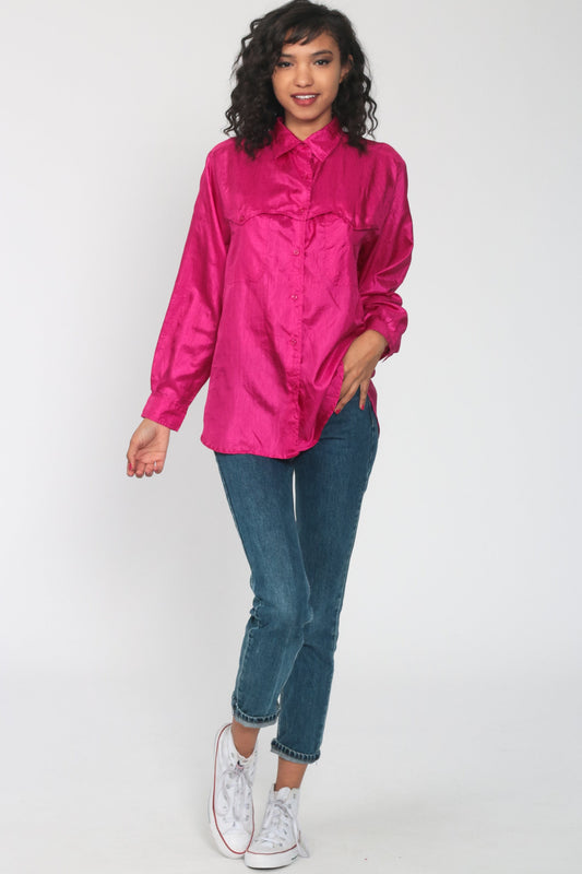 90s Shiny Pink Button-Up Blouse Long Sleeve Collared Shirt Large L