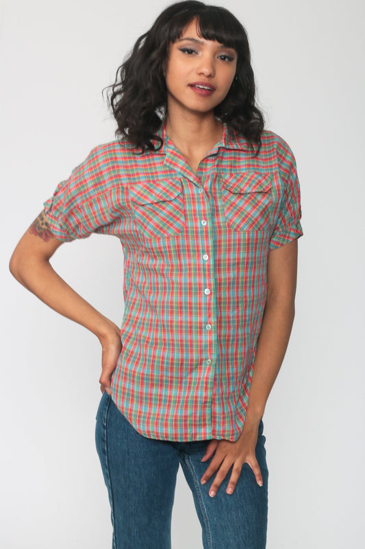 80s Plaid Cotton Button-Up Blouse Red Green Puff Sleeve Extra Small