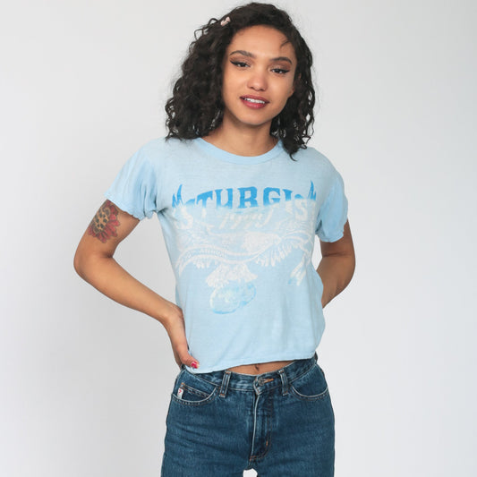 1990 Sturgis Bald Eagle Motorcycle Graphic T-Shirt Baby Blue Burnout Small