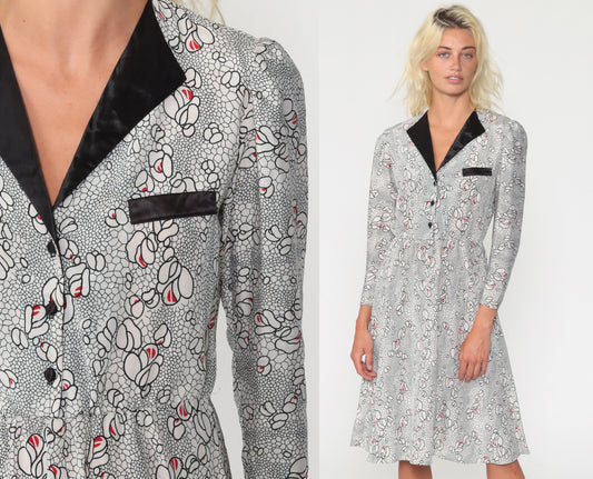 80s Black White Floral Midi Dress Puff Sleeve Button Up High Waist Small