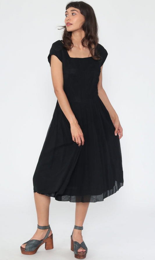 1950s Black Chiffon Sheath Dress Tea Length High Waist Side Zip Medium