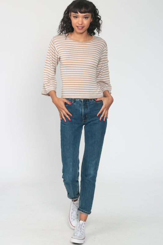 70s Tan Striped Knit Pullover Wide Sleeve Sweater Extra Small