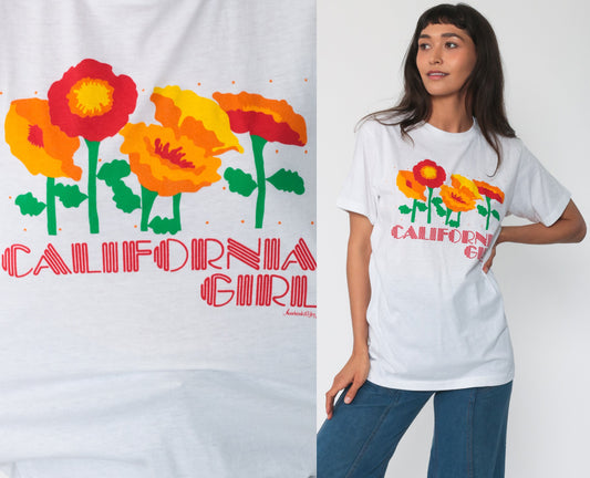 80s California Girl Poppy Graphic T-Shirt Single Stitch Floral Tee Medium