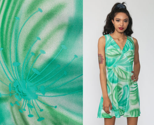 70s Green Floral Empire Waist Mini Dress Sleeveless V-Neck Medium