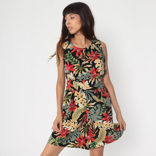80s Black Tropical Romper Playsuit Back Cutout Cap Sleeve Small