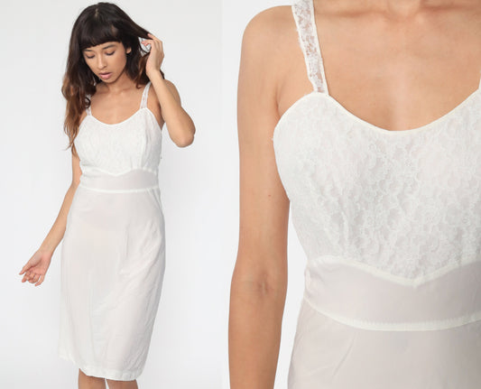 1950s Barbizon White Lace Slip Dress Midi Spaghetti Strap Small Medium