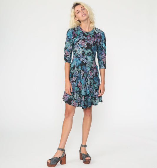 80s Tapestry Floral Mini Dress Puff Sleeve Drop Waist Black Blue Extra Small