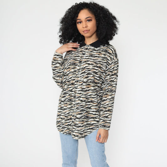 90s Tiger Print Button-Up Blouse Long Sleeve Collared Top Large
