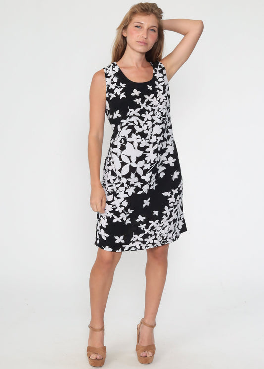 90s Black Floral Rayon Mini Dress Sleeveless Shift with Belt Medium Large