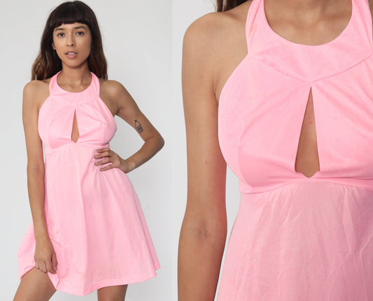 70s Pink Halter Mini Dress Keyhole Chest Open Back Empire Waist Extra Small