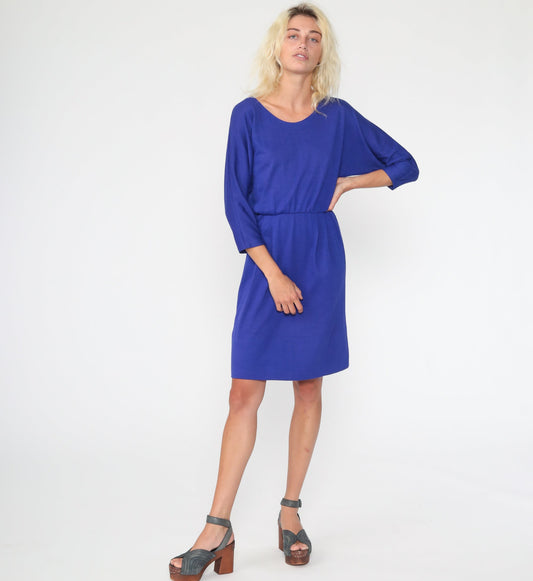 70s Purple Mini Dress Dolman Sleeve High Waist Small Medium