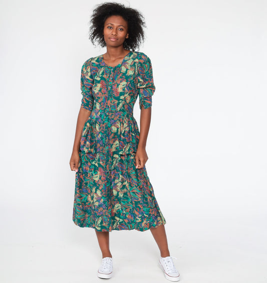 90s Green Floral Peplum Dress Button-Up 3/4 Puff Sleeve Midi Small
