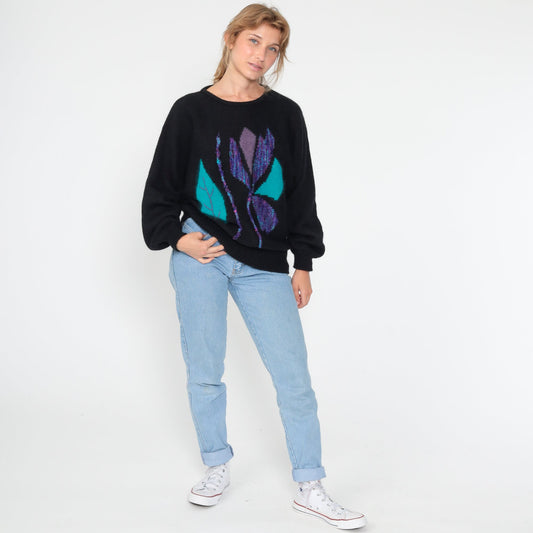 80s Black Angora Floral Sweater Dolman Sleeve Knit Pullover Large
